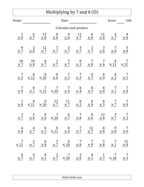 The Multiplying (1 to 12) by 7 and 8 (100 Questions) (D) Math Worksheet