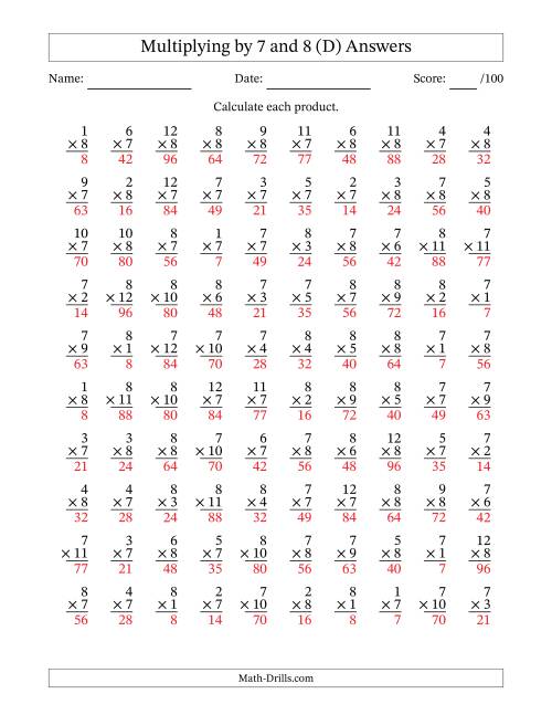 The Multiplying (1 to 12) by 7 and 8 (100 Questions) (D) Math Worksheet Page 2