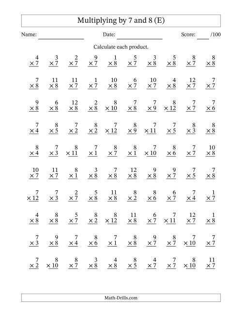 The Multiplying (1 to 12) by 7 and 8 (100 Questions) (E) Math Worksheet