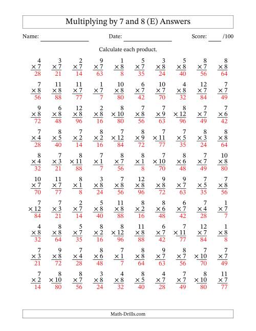 The Multiplying (1 to 12) by 7 and 8 (100 Questions) (E) Math Worksheet Page 2