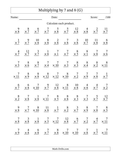 The Multiplying (1 to 12) by 7 and 8 (100 Questions) (G) Math Worksheet