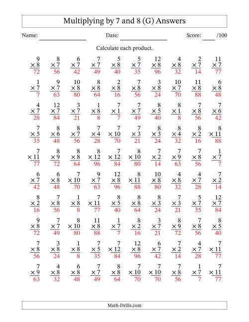 The Multiplying (1 to 12) by 7 and 8 (100 Questions) (G) Math Worksheet Page 2