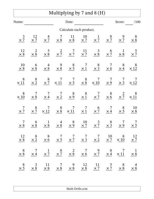 The Multiplying (1 to 12) by 7 and 8 (100 Questions) (H) Math Worksheet