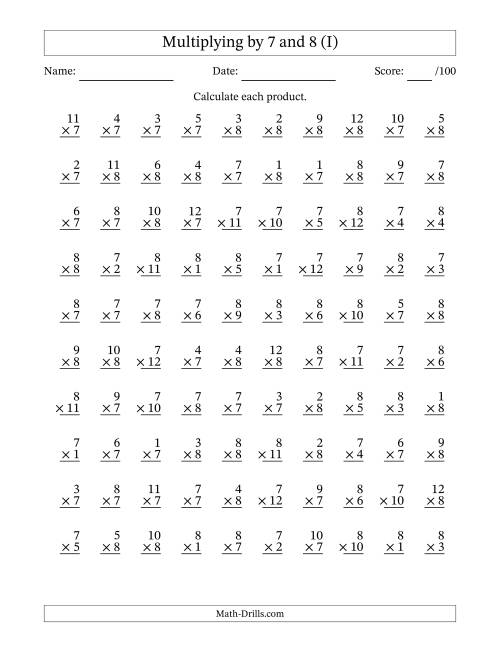 The Multiplying (1 to 12) by 7 and 8 (100 Questions) (I) Math Worksheet