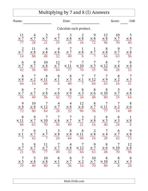 The Multiplying (1 to 12) by 7 and 8 (100 Questions) (I) Math Worksheet Page 2