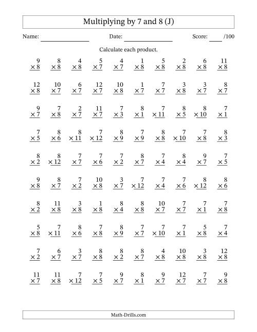 The Multiplying (1 to 12) by 7 and 8 (100 Questions) (J) Math Worksheet