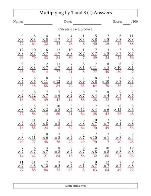 The Multiplying (1 to 12) by 7 and 8 (100 Questions) (J) Math Worksheet Page 2