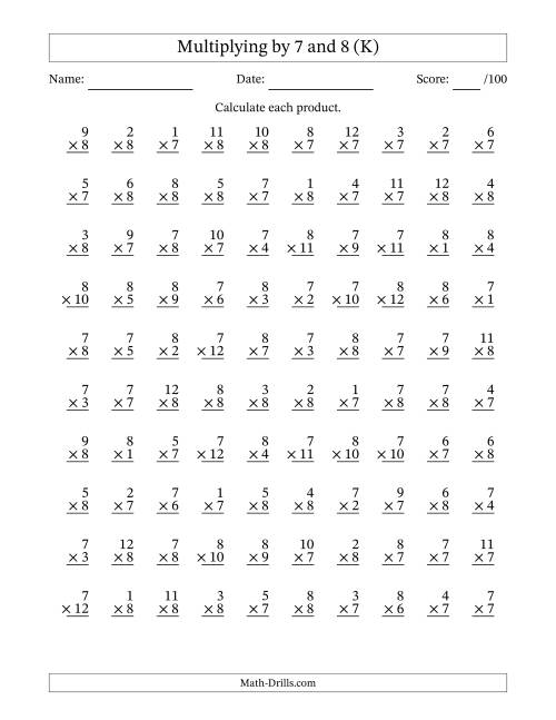 The Multiplying (1 to 12) by 7 and 8 (100 Questions) (K) Math Worksheet