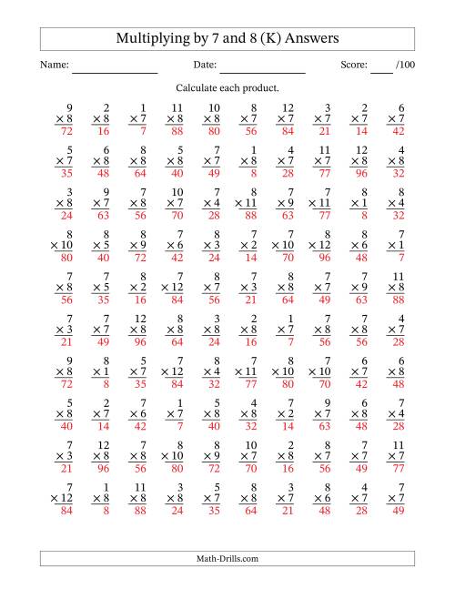 The Multiplying (1 to 12) by 7 and 8 (100 Questions) (K) Math Worksheet Page 2