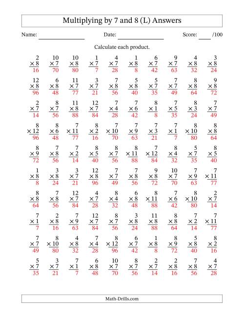 The Multiplying (1 to 12) by 7 and 8 (100 Questions) (L) Math Worksheet Page 2