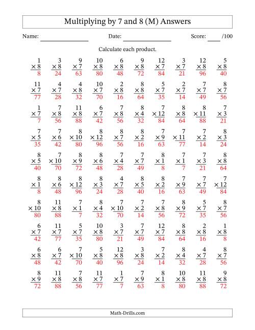 The Multiplying (1 to 12) by 7 and 8 (100 Questions) (M) Math Worksheet Page 2
