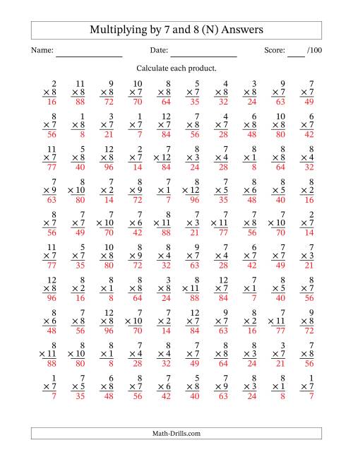 The Multiplying (1 to 12) by 7 and 8 (100 Questions) (N) Math Worksheet Page 2
