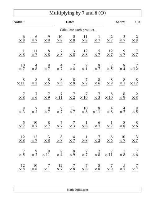 The Multiplying (1 to 12) by 7 and 8 (100 Questions) (O) Math Worksheet