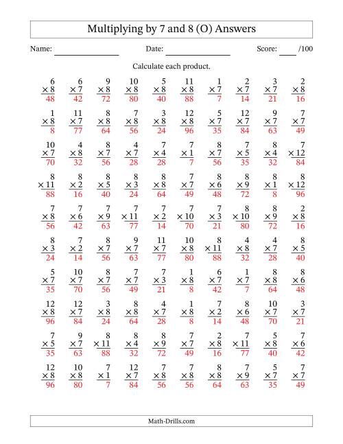 The Multiplying (1 to 12) by 7 and 8 (100 Questions) (O) Math Worksheet Page 2