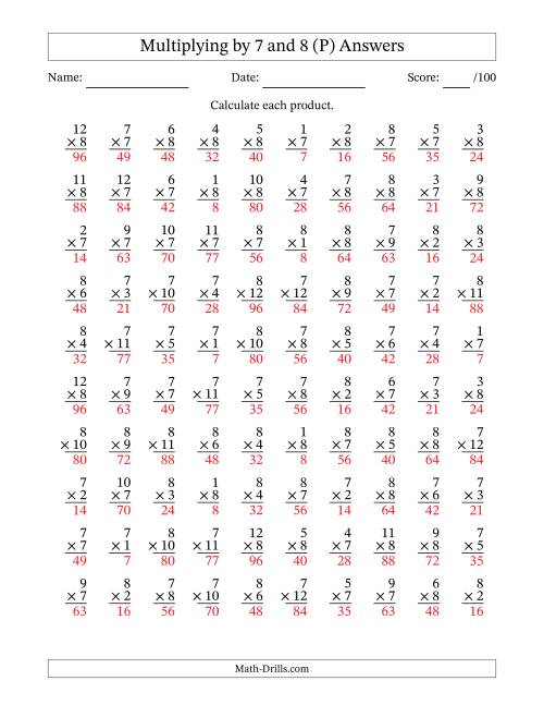 The Multiplying (1 to 12) by 7 and 8 (100 Questions) (P) Math Worksheet Page 2