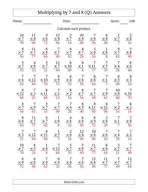 The Multiplying (1 to 12) by 7 and 8 (100 Questions) (Q) Math Worksheet Page 2