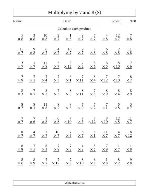 The Multiplying (1 to 12) by 7 and 8 (100 Questions) (S) Math Worksheet
