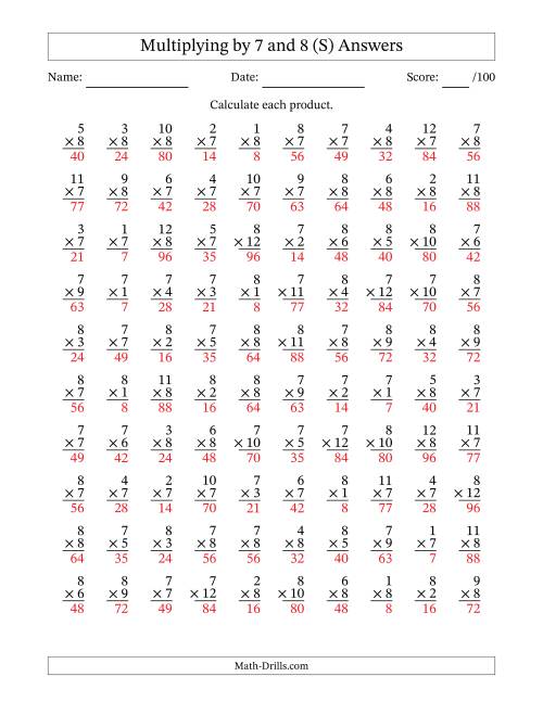 The Multiplying (1 to 12) by 7 and 8 (100 Questions) (S) Math Worksheet Page 2