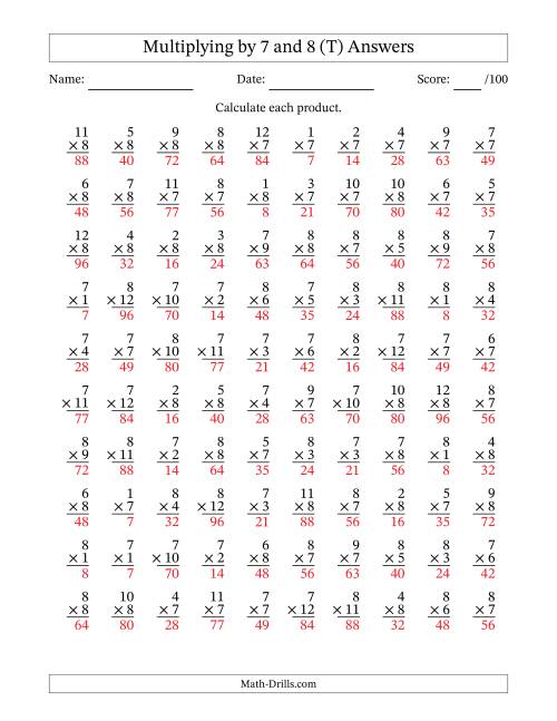 The Multiplying (1 to 12) by 7 and 8 (100 Questions) (T) Math Worksheet Page 2