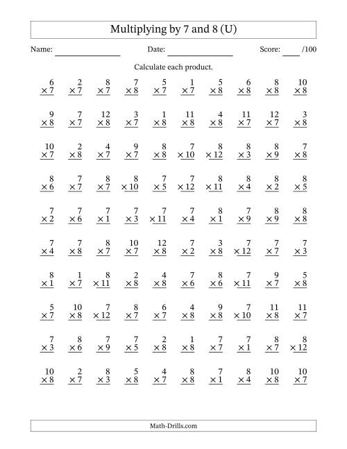 The Multiplying (1 to 12) by 7 and 8 (100 Questions) (U) Math Worksheet
