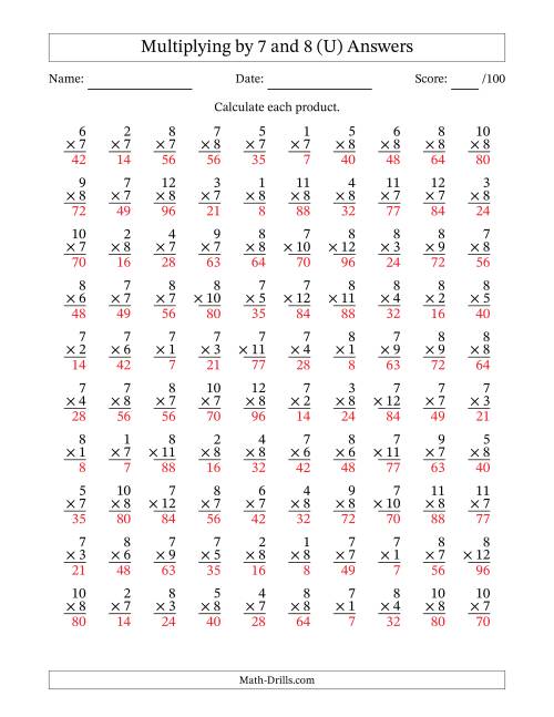 The Multiplying (1 to 12) by 7 and 8 (100 Questions) (U) Math Worksheet Page 2