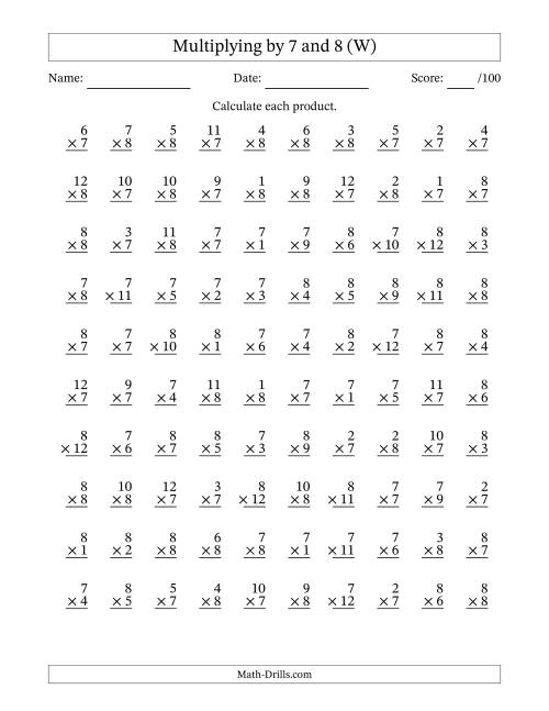 The Multiplying (1 to 12) by 7 and 8 (100 Questions) (W) Math Worksheet
