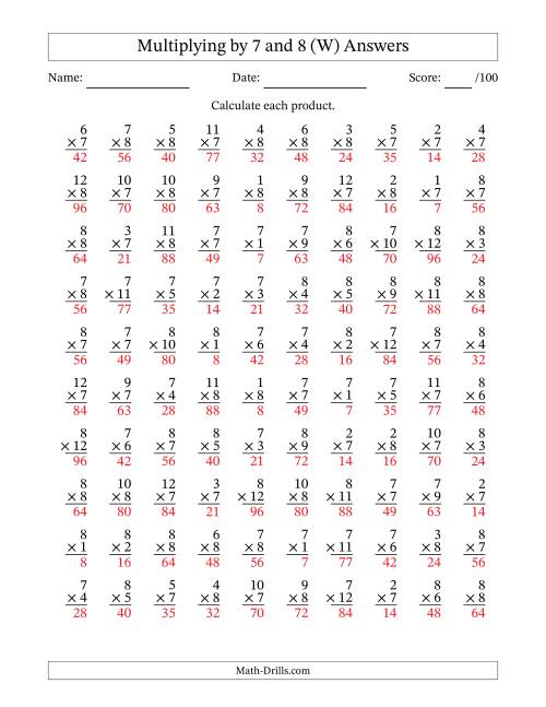 The Multiplying (1 to 12) by 7 and 8 (100 Questions) (W) Math Worksheet Page 2