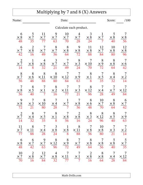 The Multiplying (1 to 12) by 7 and 8 (100 Questions) (X) Math Worksheet Page 2