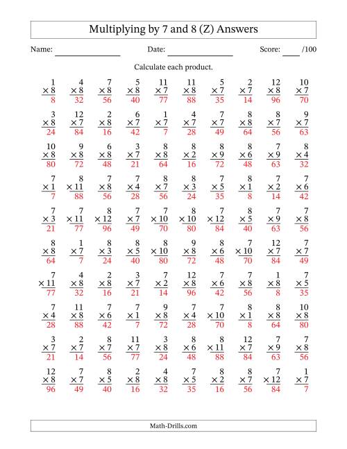 The Multiplying (1 to 12) by 7 and 8 (100 Questions) (Z) Math Worksheet Page 2