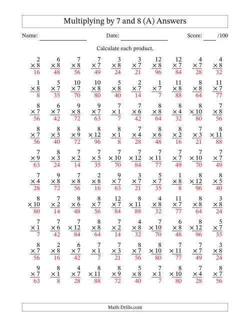 The Multiplying (1 to 12) by 7 and 8 (100 Questions) (All) Math Worksheet Page 2