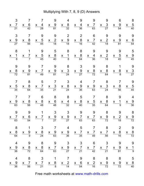 The 100 Vertical Questions -- Multiplication Facts -- 7-9 by 1-9 (D) Math Worksheet Page 2