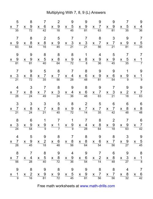 The 100 Vertical Questions -- Multiplication Facts -- 7-9 by 1-9 (L) Math Worksheet Page 2