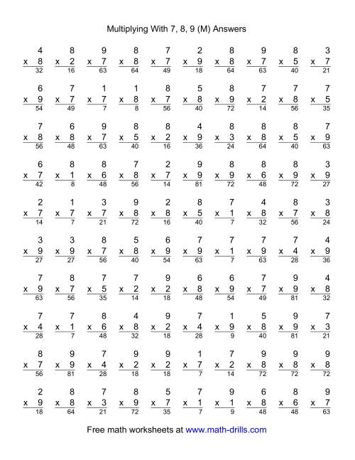 The 100 Vertical Questions -- Multiplication Facts -- 7-9 by 1-9 (M) Math Worksheet Page 2