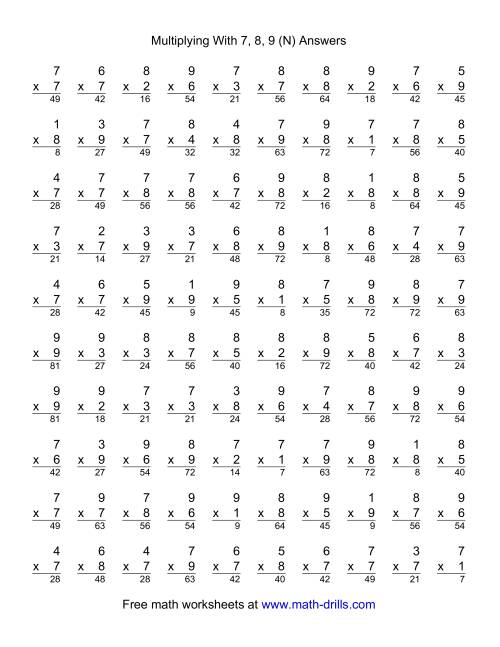The 100 Vertical Questions -- Multiplication Facts -- 7-9 by 1-9 (N) Math Worksheet Page 2