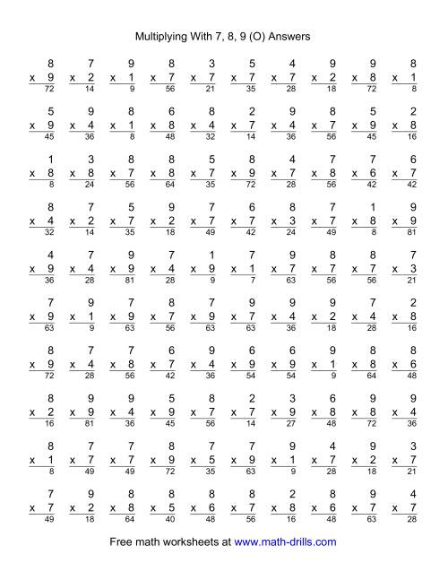 The 100 Vertical Questions -- Multiplication Facts -- 7-9 by 1-9 (O) Math Worksheet Page 2