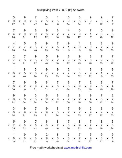 The 100 Vertical Questions -- Multiplication Facts -- 7-9 by 1-9 (P) Math Worksheet Page 2