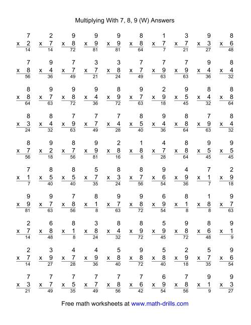 The 100 Vertical Questions -- Multiplication Facts -- 7-9 by 1-9 (W) Math Worksheet Page 2