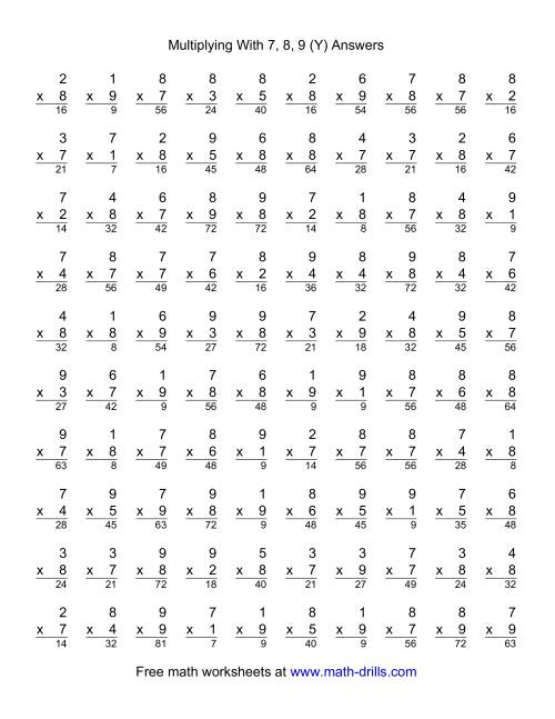 The 100 Vertical Questions -- Multiplication Facts -- 7-9 by 1-9 (Y) Math Worksheet Page 2