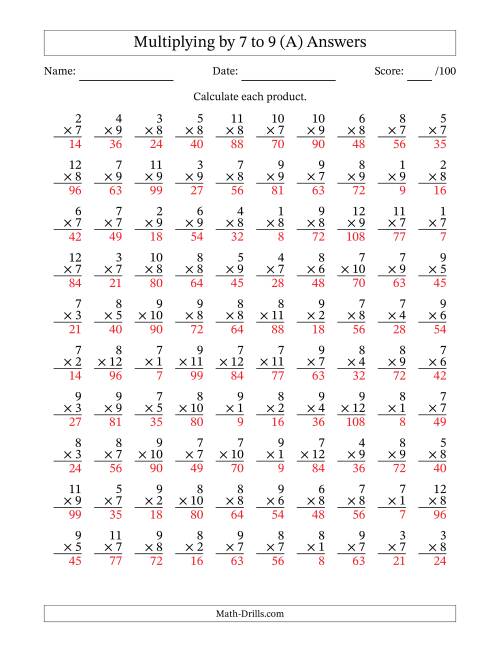 The Multiplying (1 to 12) by 7 to 9 (100 Questions) (A) Math Worksheet Page 2