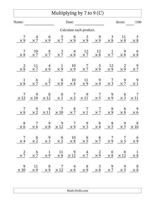 The Multiplying (1 to 12) by 7 to 9 (100 Questions) (C) Math Worksheet