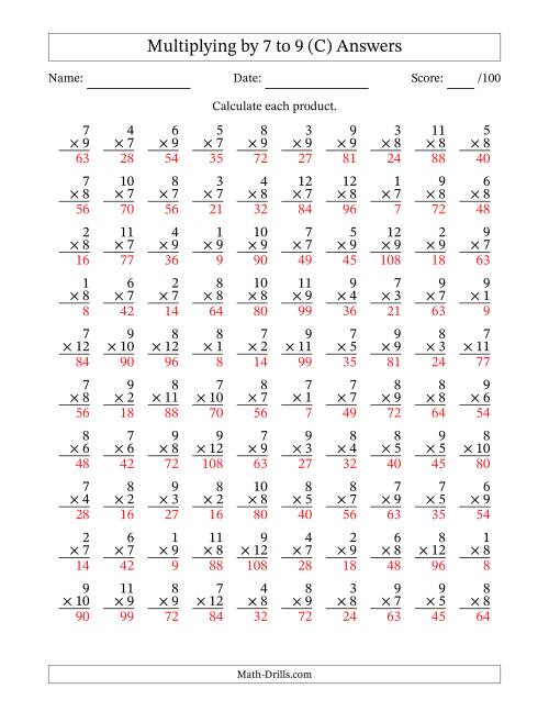 The Multiplying (1 to 12) by 7 to 9 (100 Questions) (C) Math Worksheet Page 2