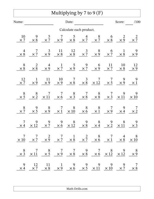 The Multiplying (1 to 12) by 7 to 9 (100 Questions) (F) Math Worksheet