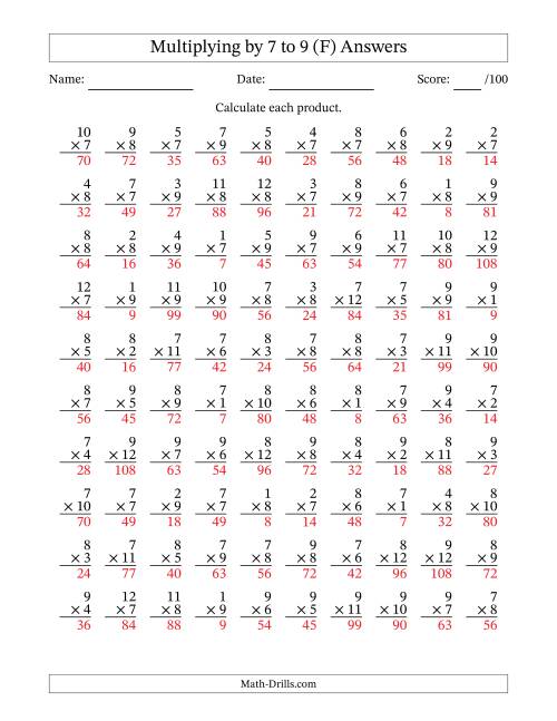 The Multiplying (1 to 12) by 7 to 9 (100 Questions) (F) Math Worksheet Page 2