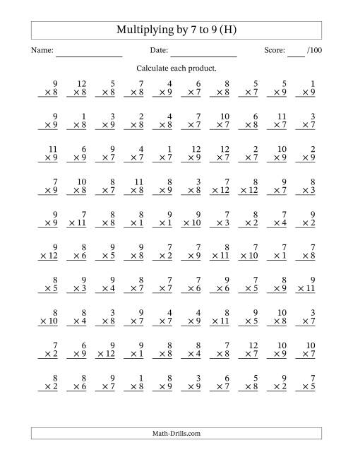 The Multiplying (1 to 12) by 7 to 9 (100 Questions) (H) Math Worksheet