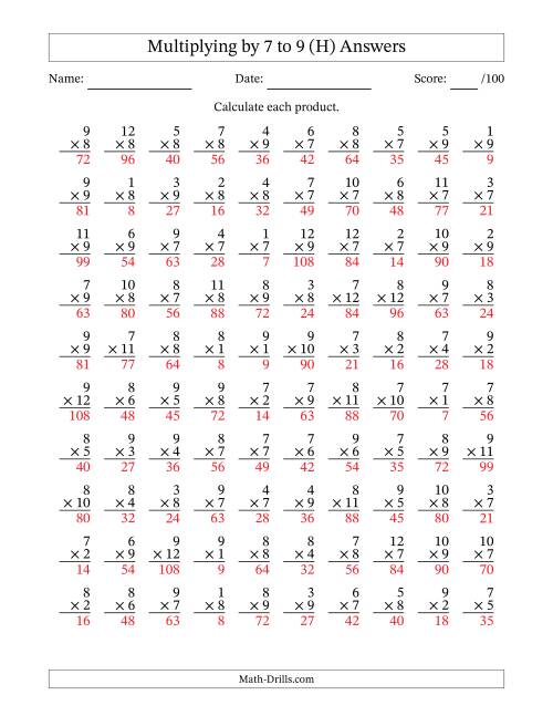 The Multiplying (1 to 12) by 7 to 9 (100 Questions) (H) Math Worksheet Page 2
