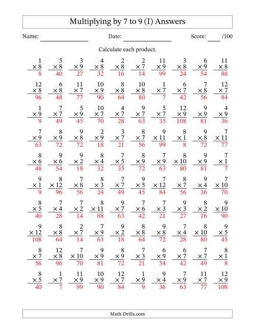 The Multiplying (1 to 12) by 7 to 9 (100 Questions) (I) Math Worksheet Page 2