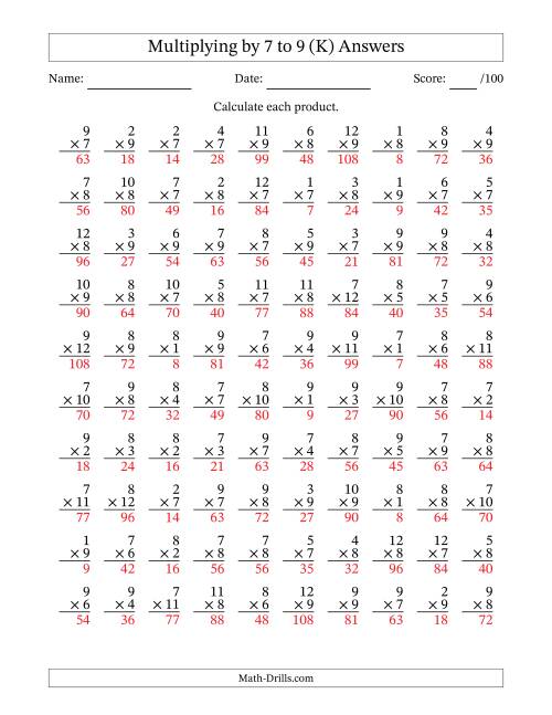 The Multiplying (1 to 12) by 7 to 9 (100 Questions) (K) Math Worksheet Page 2