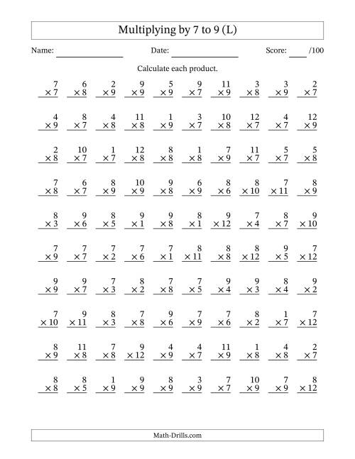 The Multiplying (1 to 12) by 7 to 9 (100 Questions) (L) Math Worksheet