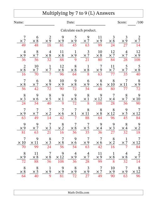 The Multiplying (1 to 12) by 7 to 9 (100 Questions) (L) Math Worksheet Page 2