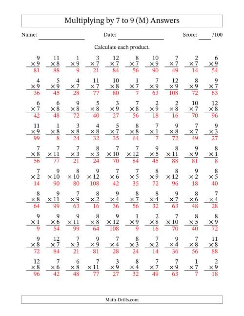 The Multiplying (1 to 12) by 7 to 9 (100 Questions) (M) Math Worksheet Page 2